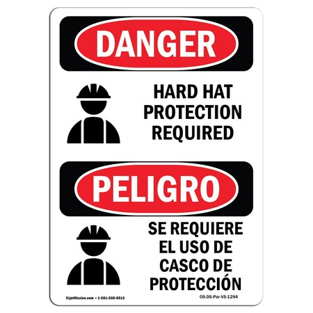 OSHA Danger, Hard Hat Protection Required Bilingual, 18in X 12in Rigid Plastic